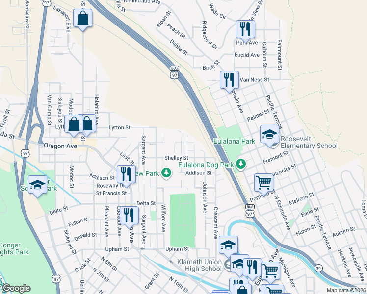 map of restaurants, bars, coffee shops, grocery stores, and more near 1920 Lancaster Avenue in Klamath Falls