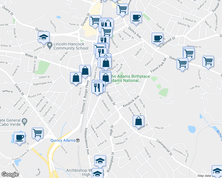 map of restaurants, bars, coffee shops, grocery stores, and more near 42 Bradford Street in Quincy