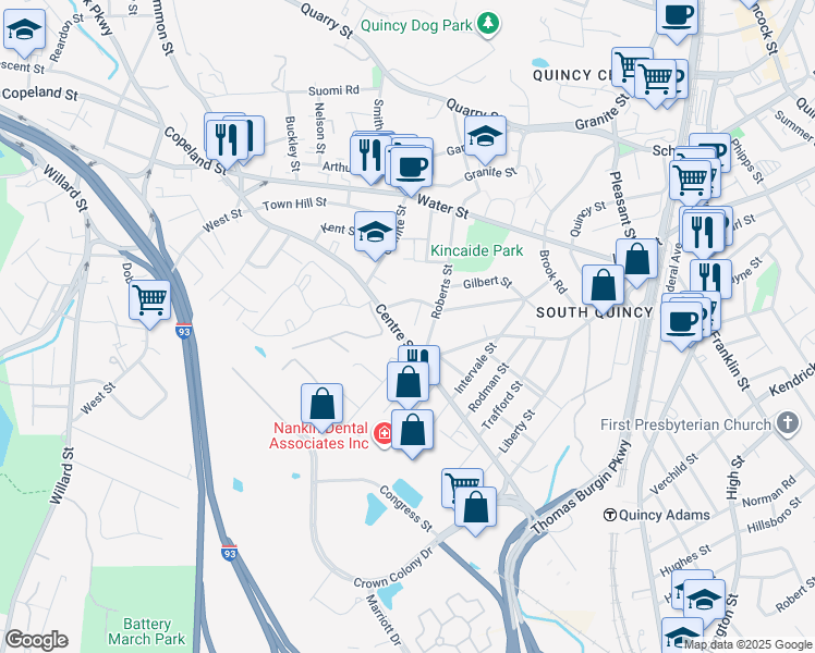 map of restaurants, bars, coffee shops, grocery stores, and more near 107 Roberts Street in Quincy
