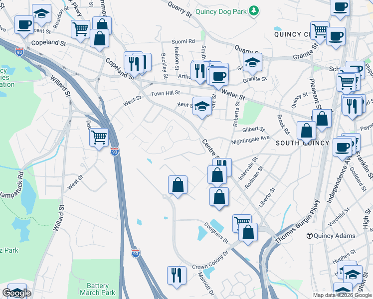 map of restaurants, bars, coffee shops, grocery stores, and more near 63 Bartlett Street in Quincy