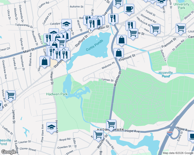map of restaurants, bars, coffee shops, grocery stores, and more near 54 Lyman Street in Worcester