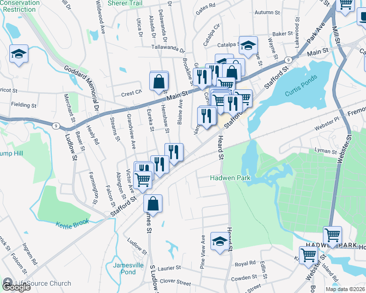 map of restaurants, bars, coffee shops, grocery stores, and more near 35 Blaine Avenue in Worcester