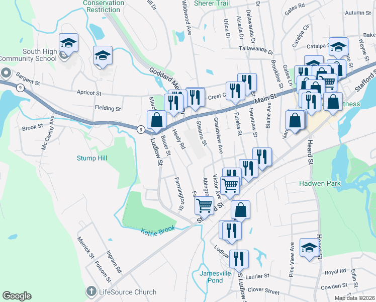 map of restaurants, bars, coffee shops, grocery stores, and more near 20 Healy Road in Worcester