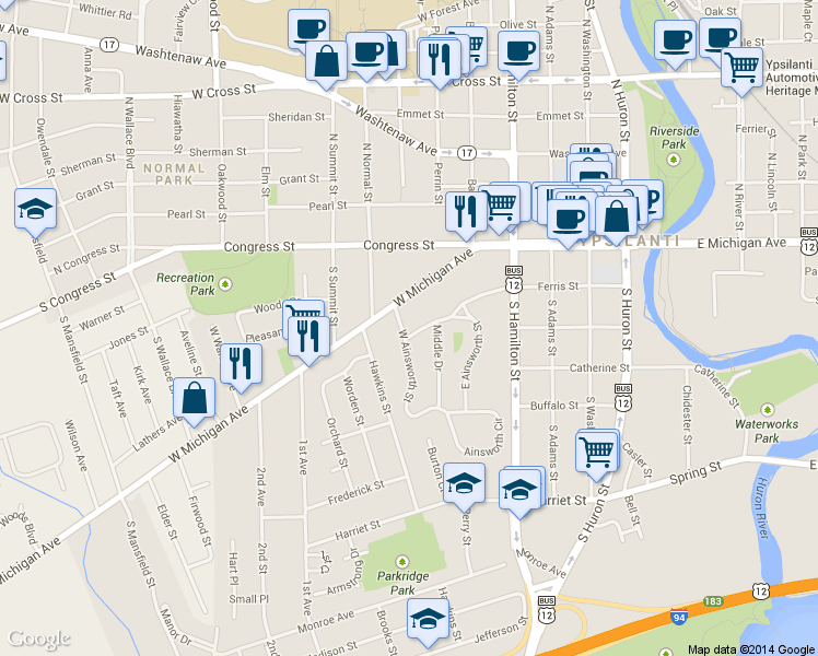 map of restaurants, bars, coffee shops, grocery stores, and more near 12 West Ainsworth Street in Ypsilanti
