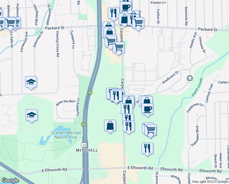 map of restaurants, bars, coffee shops, grocery stores, and more near 3470 Carpenter Road in Ypsilanti