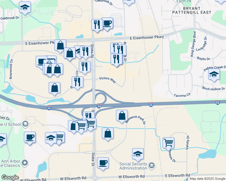map of restaurants, bars, coffee shops, grocery stores, and more near 801-899 Victors Way in Ann Arbor Charter Township