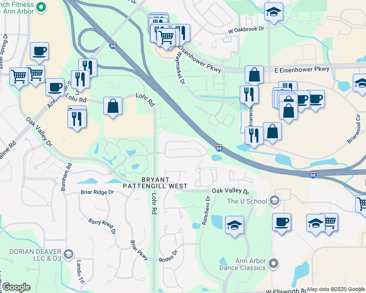 map of restaurants, bars, coffee shops, grocery stores, and more near 1367 Millbrook Trail in Ann Arbor