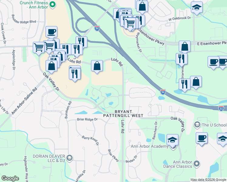 map of restaurants, bars, coffee shops, grocery stores, and more near 1510 Long Meadow Trail Drive in Ann Arbor