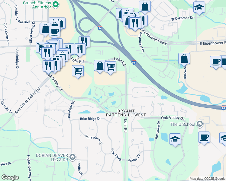 map of restaurants, bars, coffee shops, grocery stores, and more near 1579 Long Meadow Trail Drive in Ann Arbor