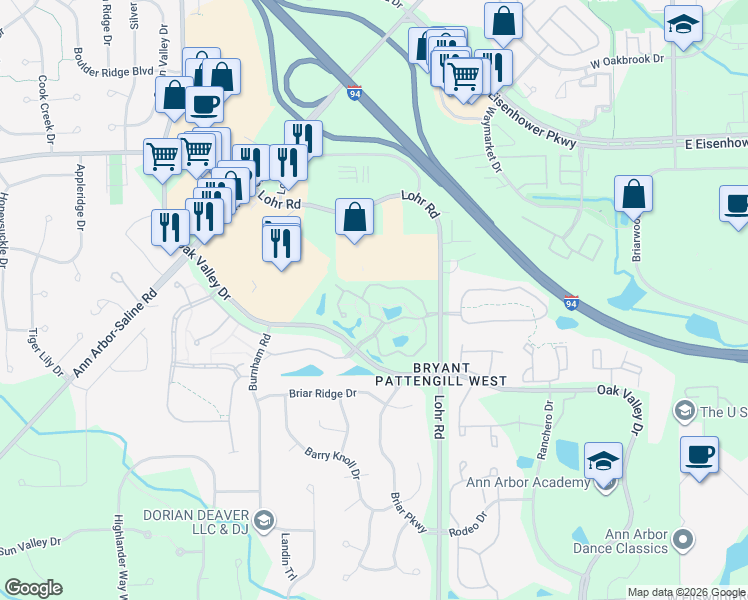 map of restaurants, bars, coffee shops, grocery stores, and more near 1579 Long Meadow Trail Drive in Ann Arbor