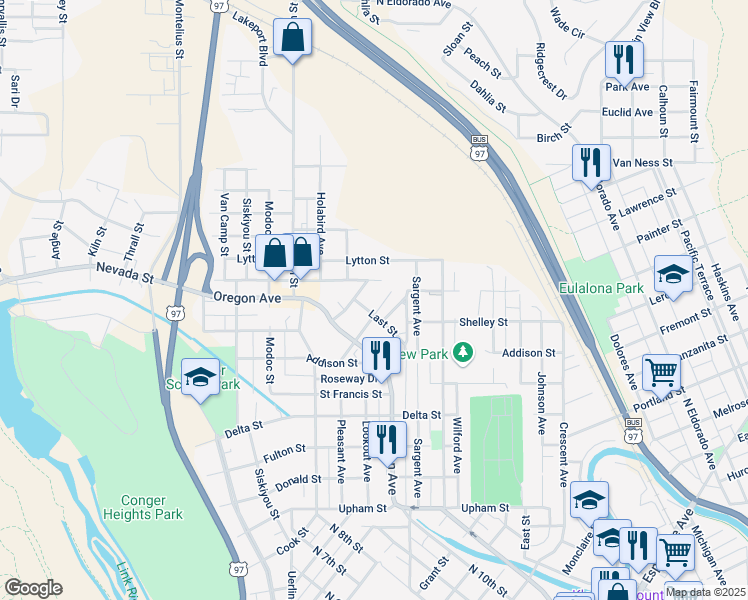 map of restaurants, bars, coffee shops, grocery stores, and more near 1926 Academy Avenue in Klamath Falls