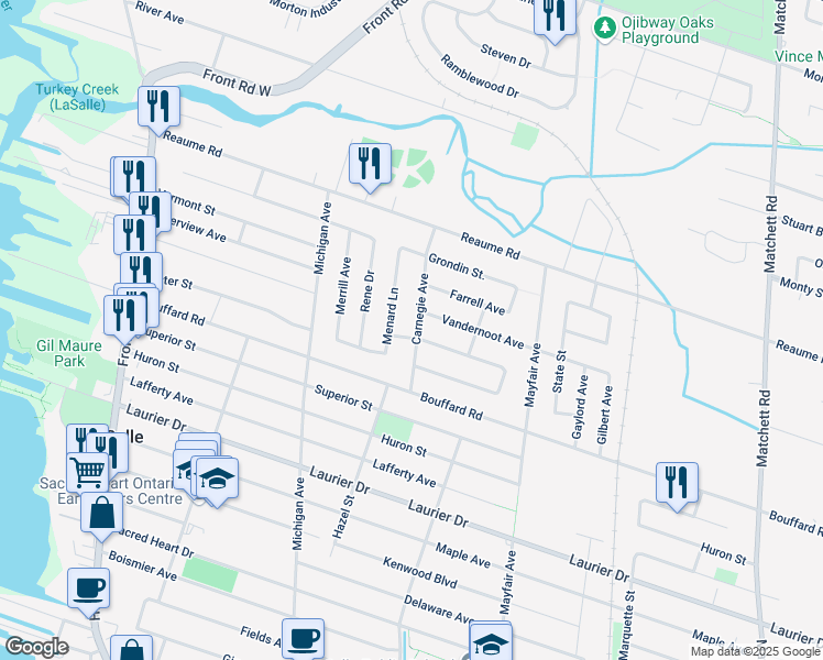 map of restaurants, bars, coffee shops, grocery stores, and more near 485 Olcott Avenue in Windsor