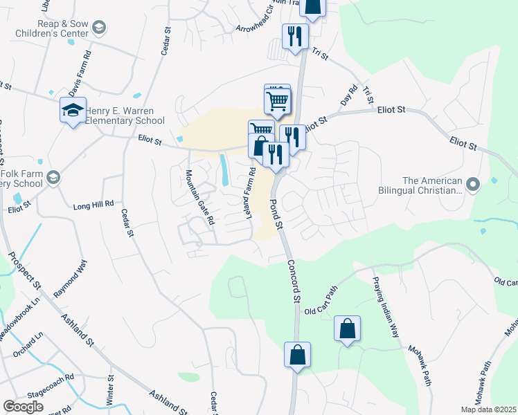 map of restaurants, bars, coffee shops, grocery stores, and more near 367 Pond Street in Ashland