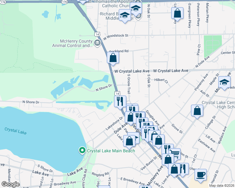 map of restaurants, bars, coffee shops, grocery stores, and more near South Virginia Street in Crystal Lake