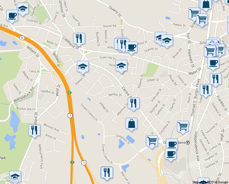 map of restaurants, bars, coffee shops, grocery stores, and more near 63 Bartlett Street in Quincy