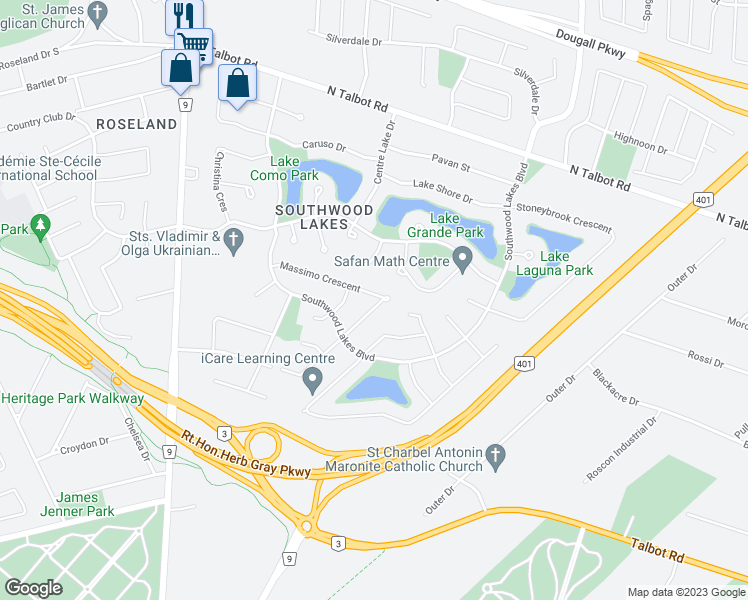 map of restaurants, bars, coffee shops, grocery stores, and more near 849 Massimo Crescent in Windsor