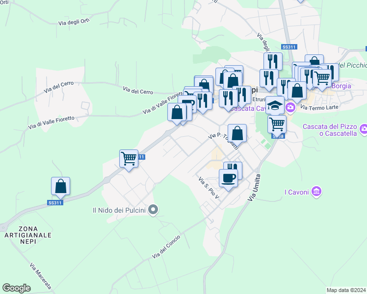 map of restaurants, bars, coffee shops, grocery stores, and more near 13 Via Enrico Menghini in Nepi