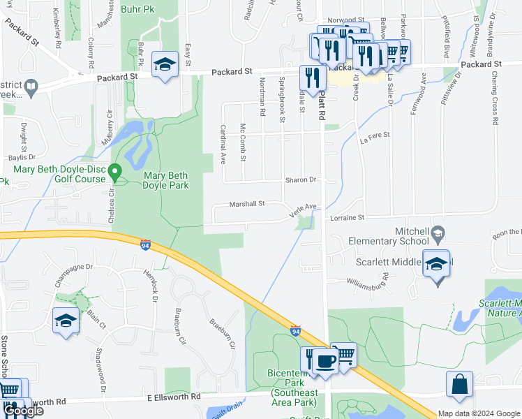 map of restaurants, bars, coffee shops, grocery stores, and more near 2922 Marshall Street in Ann Arbor