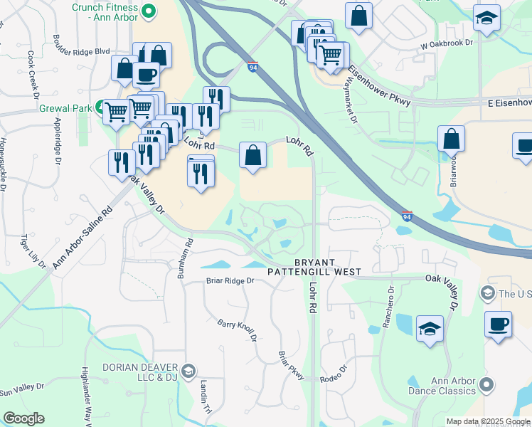map of restaurants, bars, coffee shops, grocery stores, and more near 1579 Long Meadow Trail Drive in Ann Arbor