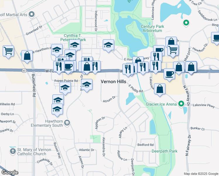map of restaurants, bars, coffee shops, grocery stores, and more near 704 Deerpath Drive in Vernon Hills