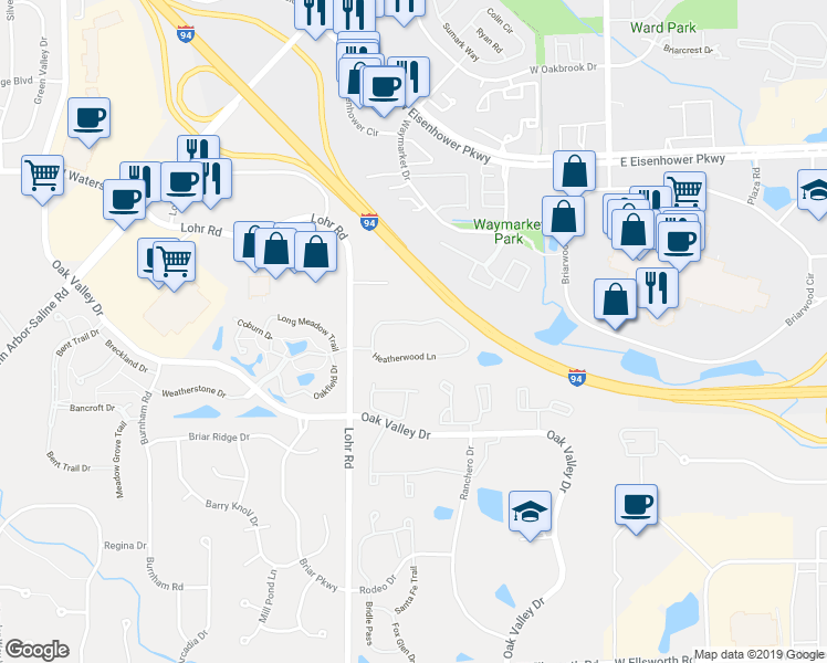map of restaurants, bars, coffee shops, grocery stores, and more near 1367 Millbrook Trail in Ann Arbor