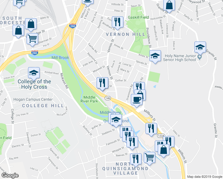 map of restaurants, bars, coffee shops, grocery stores, and more near 2 Accomodation Street in Worcester