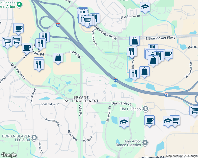 map of restaurants, bars, coffee shops, grocery stores, and more near 1331 Millbrook Trail in Ann Arbor