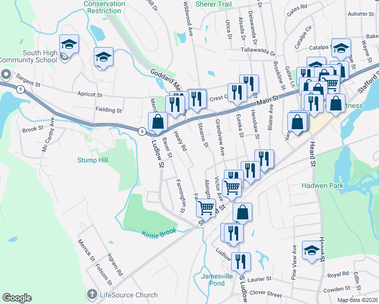 map of restaurants, bars, coffee shops, grocery stores, and more near 20 Healy Road in Worcester