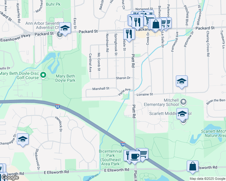 map of restaurants, bars, coffee shops, grocery stores, and more near 2938 Marshall Street in Ann Arbor