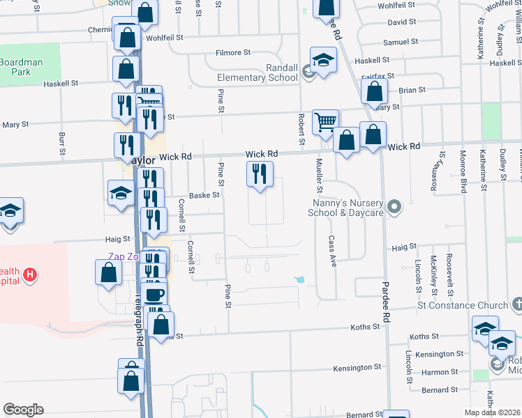 map of restaurants, bars, coffee shops, grocery stores, and more near 9506 Elm Street in Taylor