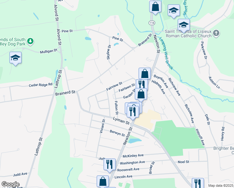 map of restaurants, bars, coffee shops, grocery stores, and more near 35 Garden Street in South Hadley