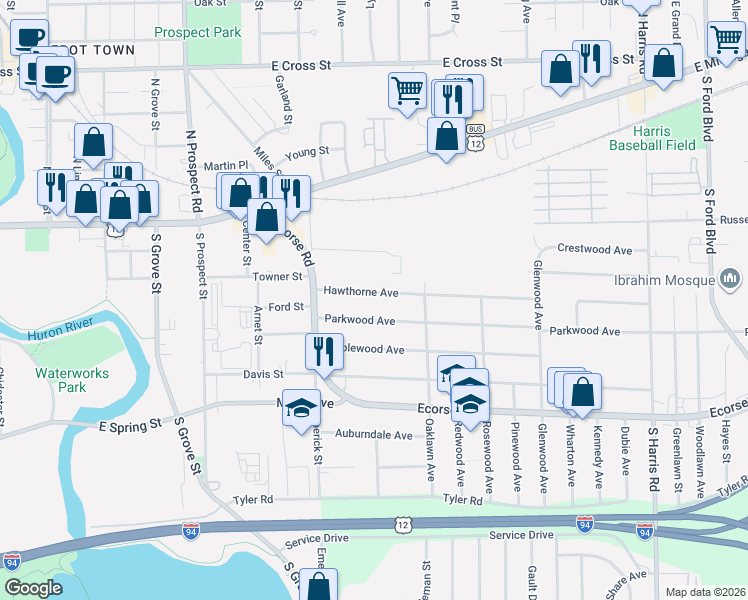 map of restaurants, bars, coffee shops, grocery stores, and more near 896 Hawthorne Avenue in Ypsilanti