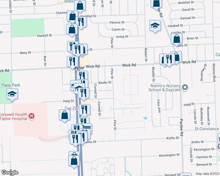 map of restaurants, bars, coffee shops, grocery stores, and more near 23620 Schomberg Street in Taylor