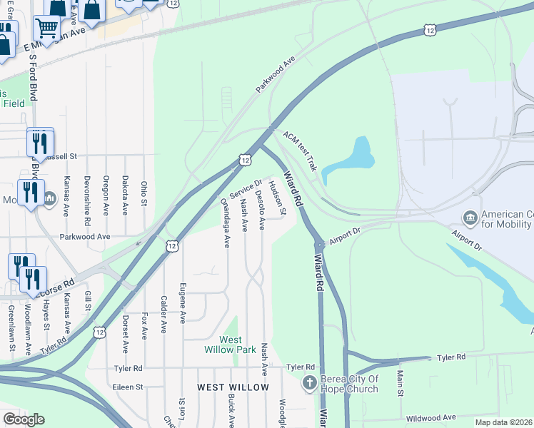 map of restaurants, bars, coffee shops, grocery stores, and more near 596 Olds Street in Ypsilanti