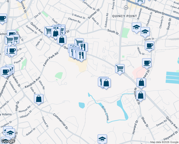 map of restaurants, bars, coffee shops, grocery stores, and more near 525 Falls Boulevard in Quincy