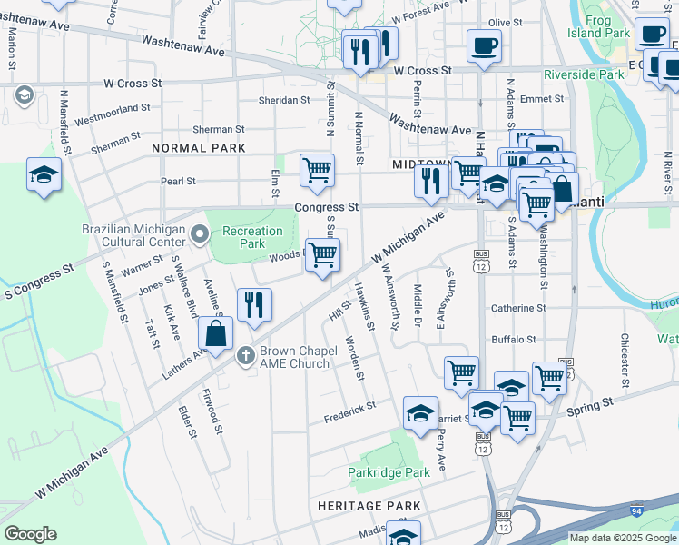 map of restaurants, bars, coffee shops, grocery stores, and more near 819 West Michigan Avenue in Ypsilanti