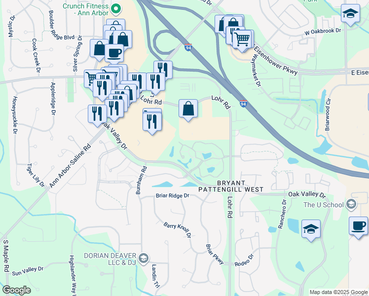 map of restaurants, bars, coffee shops, grocery stores, and more near 1677 Coburn Drive in Ann Arbor