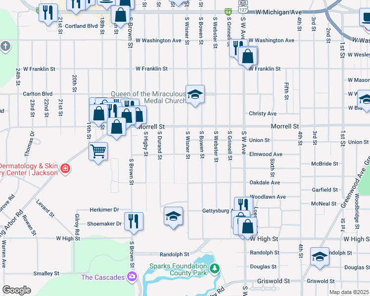 map of restaurants, bars, coffee shops, grocery stores, and more near 1006 South Wisner Street in Jackson