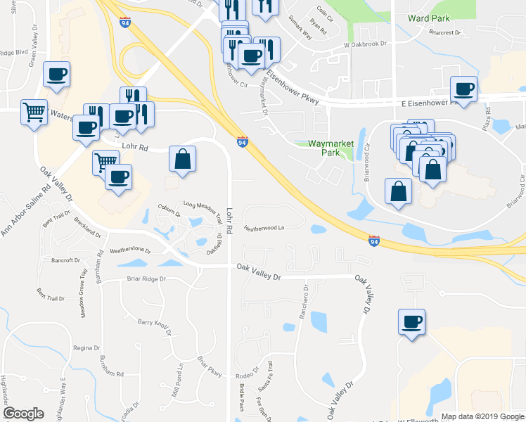 map of restaurants, bars, coffee shops, grocery stores, and more near 1389 Millbrook Trail in Ann Arbor