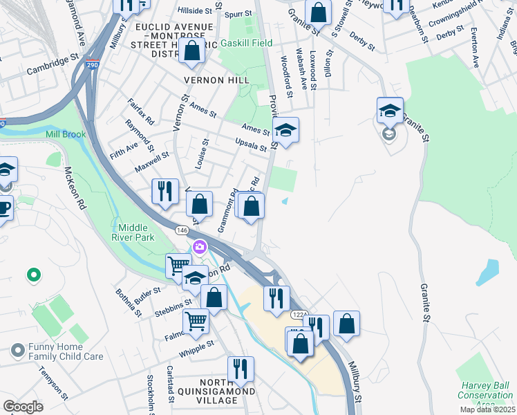 map of restaurants, bars, coffee shops, grocery stores, and more near 266 Massachusetts 122A in Worcester