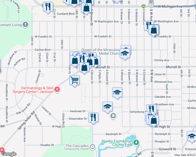 map of restaurants, bars, coffee shops, grocery stores, and more near 1008 South Higby Street in Jackson