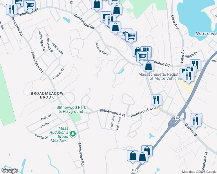 map of restaurants, bars, coffee shops, grocery stores, and more near 382 Sunderland Road in Worcester