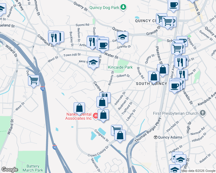 map of restaurants, bars, coffee shops, grocery stores, and more near 107 Roberts Street in Quincy