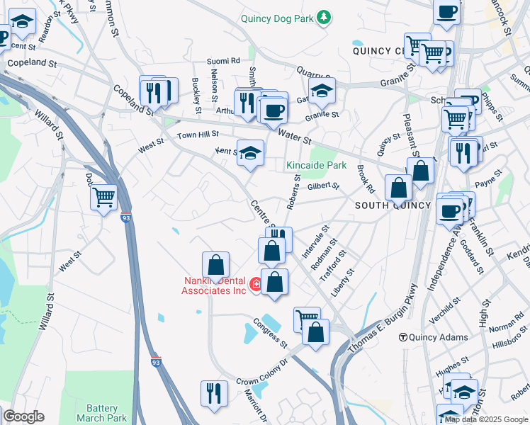 map of restaurants, bars, coffee shops, grocery stores, and more near 205 Centre Street in Quincy