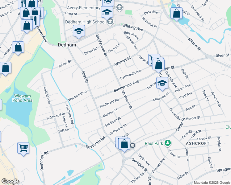 map of restaurants, bars, coffee shops, grocery stores, and more near 154 Sanderson Avenue in Dedham