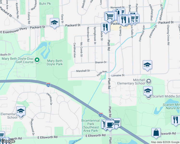 map of restaurants, bars, coffee shops, grocery stores, and more near 2938 Marshall Street in Ann Arbor