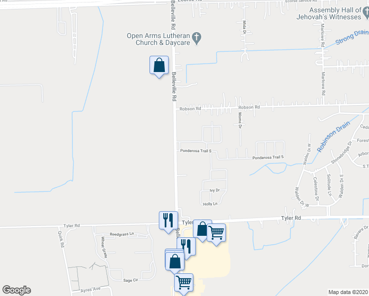 map of restaurants, bars, coffee shops, grocery stores, and more near 21 Ponderosa Trail South in Van Buren Charter Township