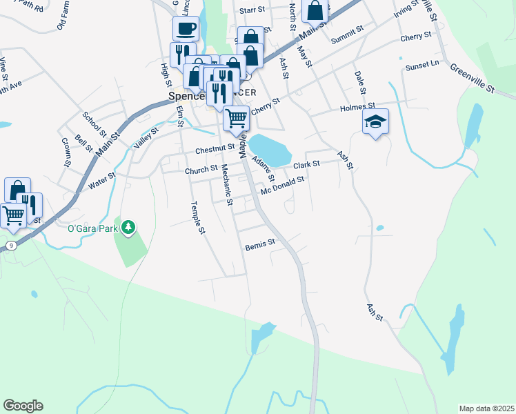map of restaurants, bars, coffee shops, grocery stores, and more near 68 Maple Street in Spencer