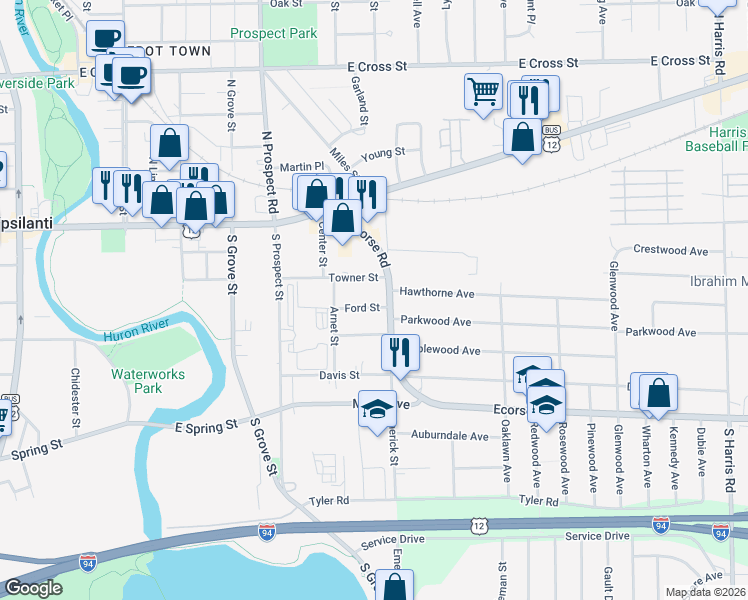 map of restaurants, bars, coffee shops, grocery stores, and more near 773 Ford Street in Ypsilanti