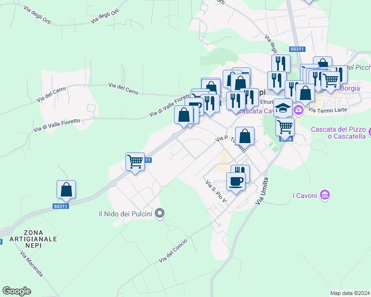 map of restaurants, bars, coffee shops, grocery stores, and more near 13 Via Enrico Menghini in Nepi